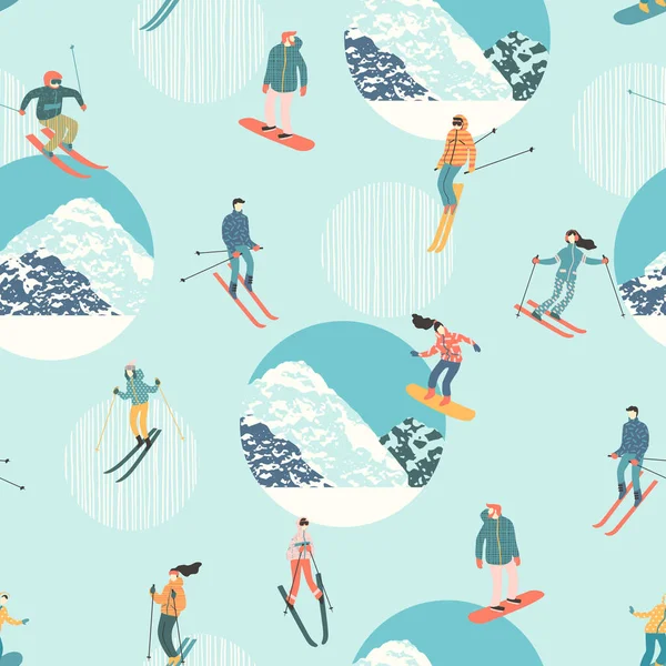 Vektorillustration von Skifahrern und Snowboardern. nahtloses Muster. — Stockvektor