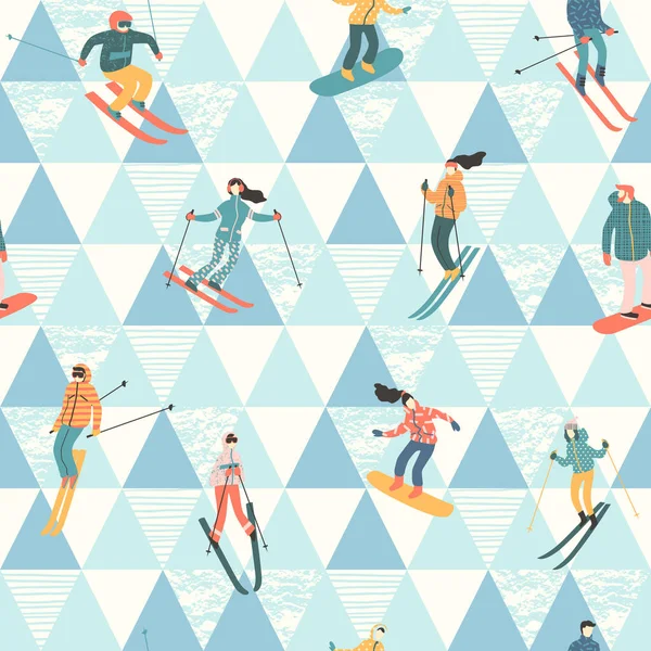 Vektorové ilustrace lyžařů a snowboardistů. Vzor bezešvé. — Stockový vektor