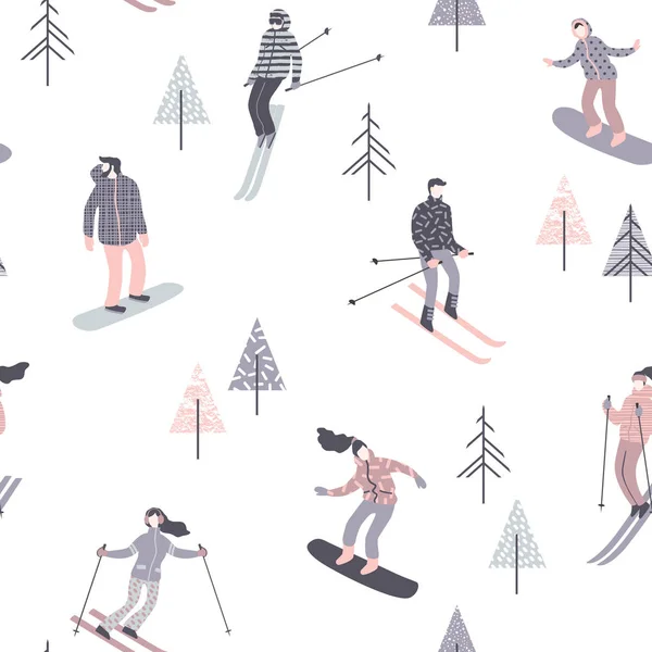 Векторная иллюстрация лыжников и сноубордистов. Бесшовный рисунок . — стоковый вектор