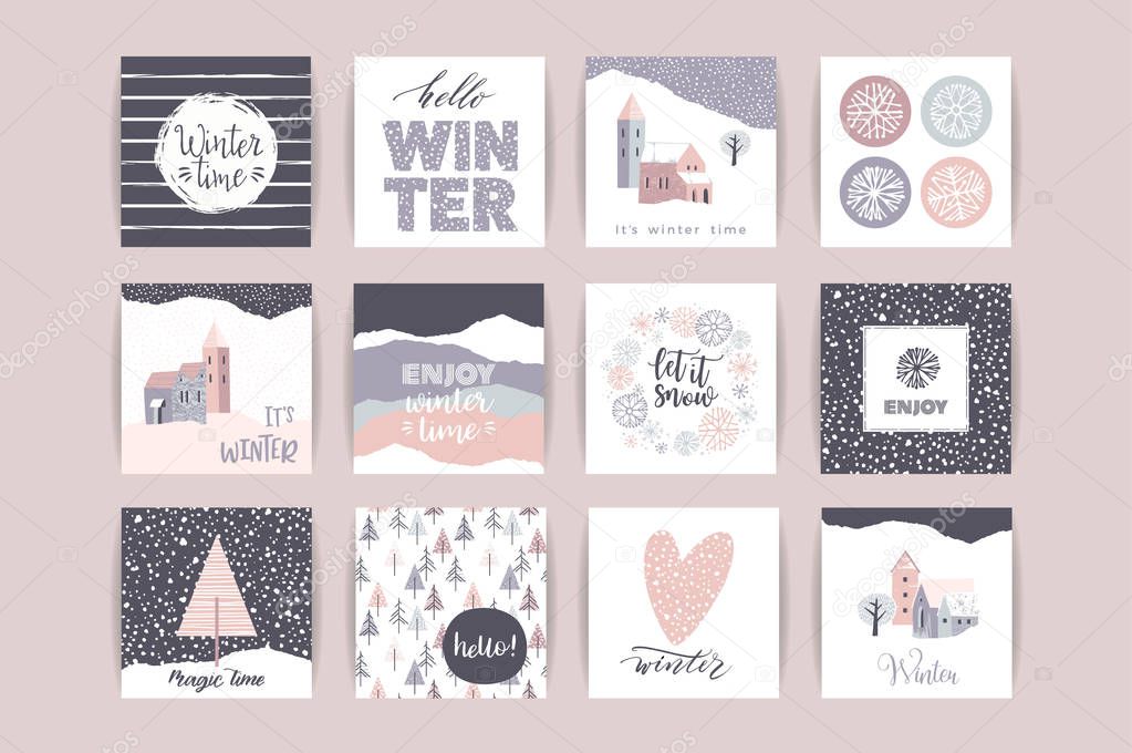 Set of artistic creative winter cards.