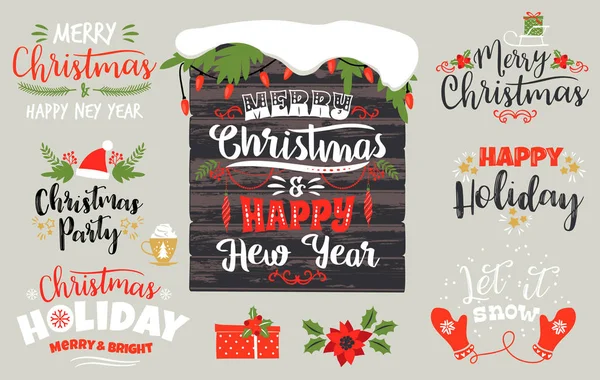 Conjunto de diseños de letras de Navidad y Feliz Año Nuevo en colores tradicionales . — Vector de stock