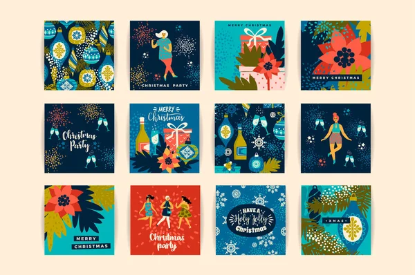 Weihnachtskarten mit tanzenden Frauen und Neujahrssymbolen. — Stockvektor