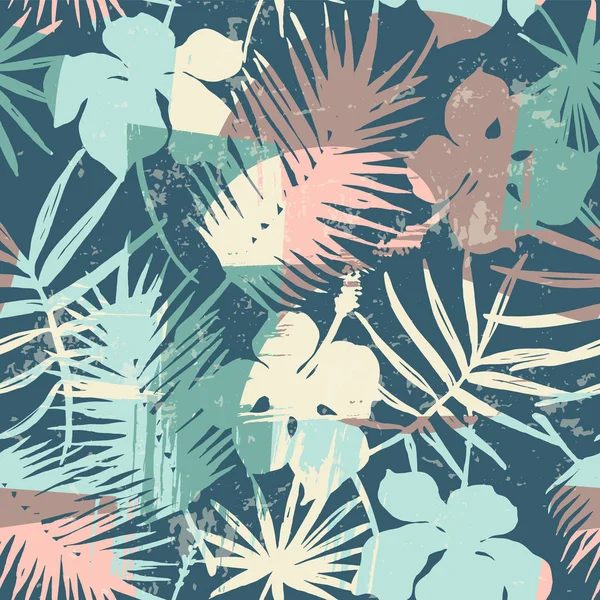 Nahtlose exotische Muster mit tropischen Pflanzen und künstlerischem Hintergrund. — Stockvektor