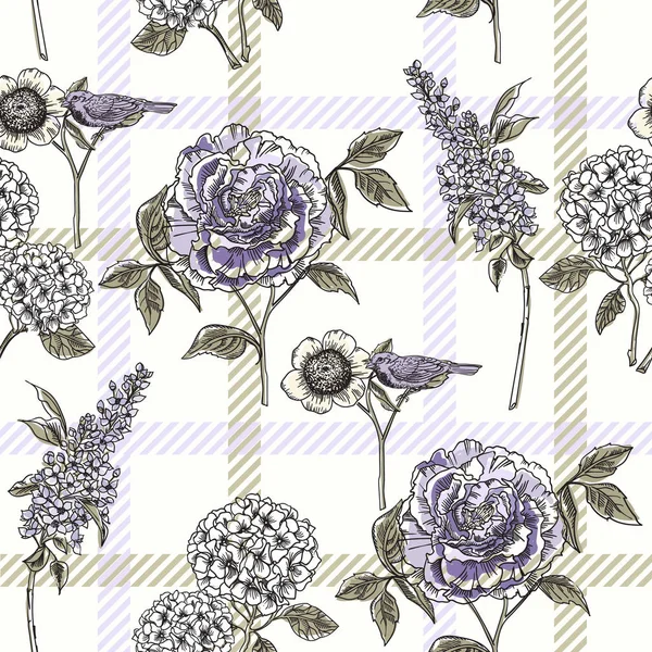 Motif floral sans couture avec fond plaid . — Image vectorielle