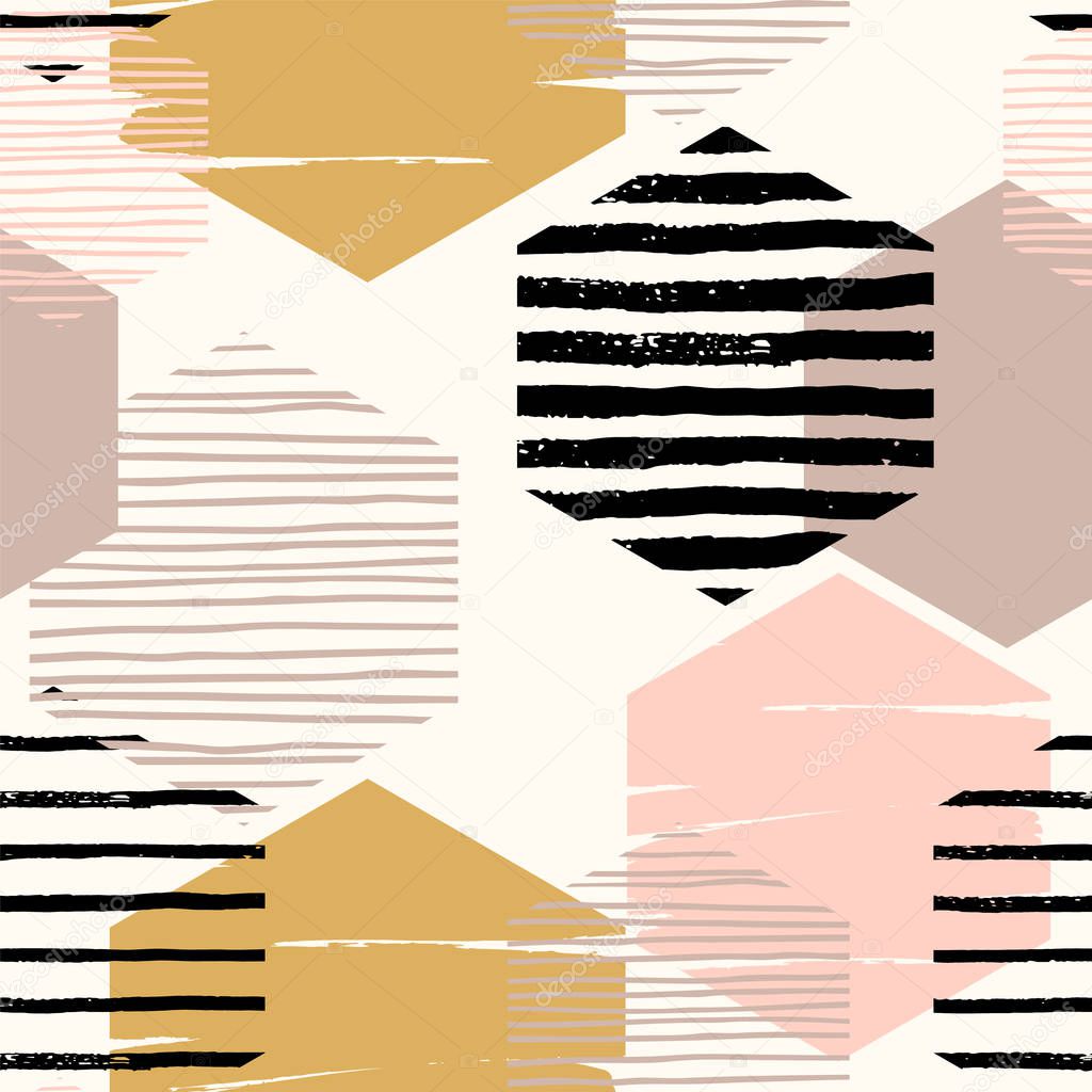 Abstract geometric seamless repeat pattern with hexagons.