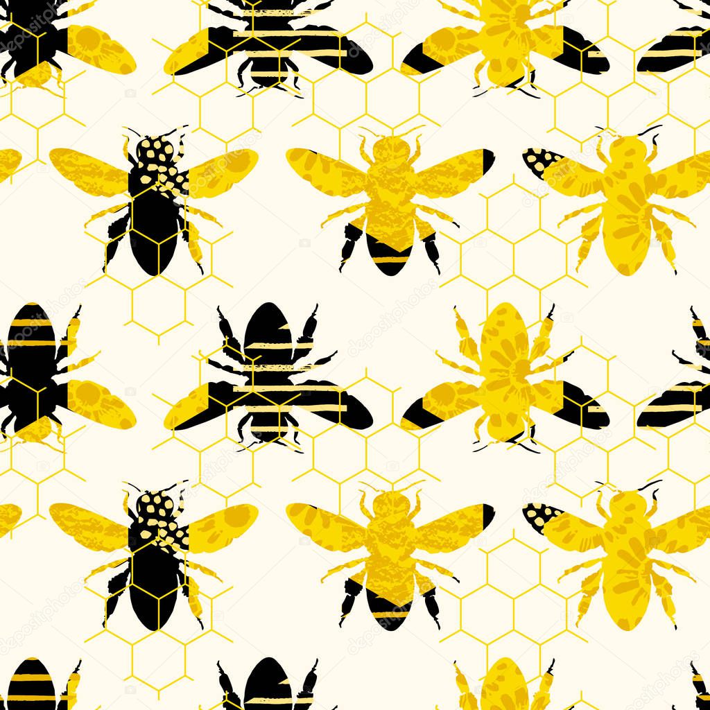 Seamless geometric pattern with bee. Modern abstract honey design.