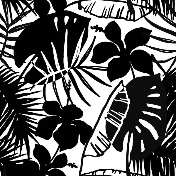 Бесшовный экзотический узор с тропическими листьями и цветами . — стоковый вектор