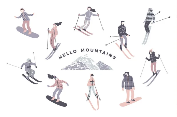 Векторная иллюстрация лыжников и сноубордистов . — стоковый вектор