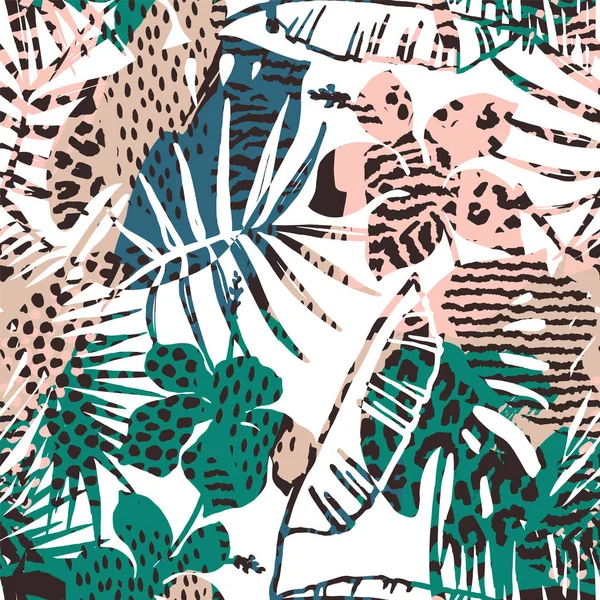 Trendiga sömlös exotiska mönster med palm, djur utskrifter och hand dras texturer. — Stock vektor