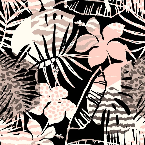 Motif exotique sans couture tendance avec palme, imprimés animaux et textures dessinées à la main . — Image vectorielle