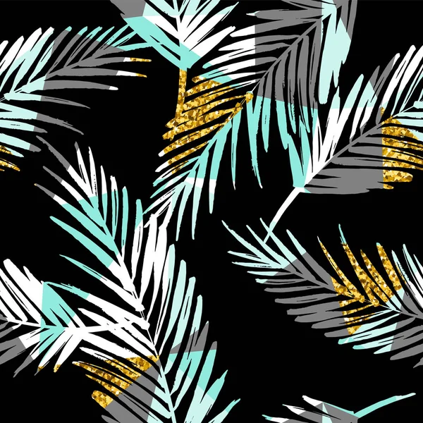 Naadloze exotische patroon met palm blad silhouetten. Gouden glitter textuur. — Stockvector