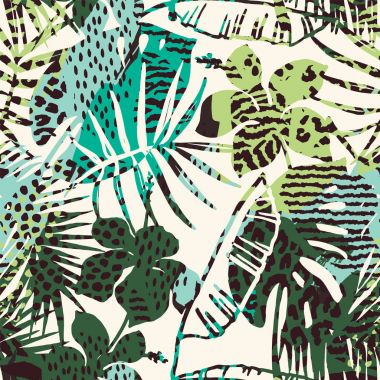 Palm ile moda Dikişsiz egzotik desen, hayvan yazdırır ve çizilmiş dokuları el.