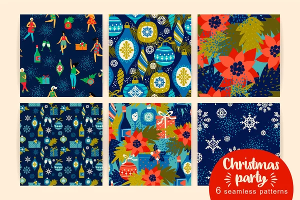 Christmas seamless patterns with dancing women and New Year symbols. — Stock Vector