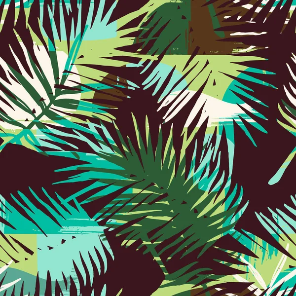 Modèle exotique sans couture avec des plantes tropicales et un fond artistique — Image vectorielle