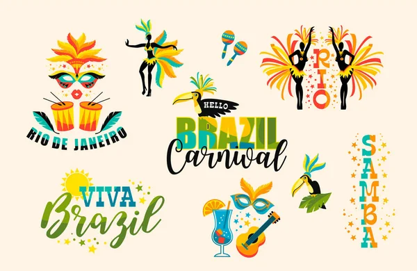 Carnaval Brasileiro. Grande conjunto de emblemas vetoriais . — Vetor de Stock