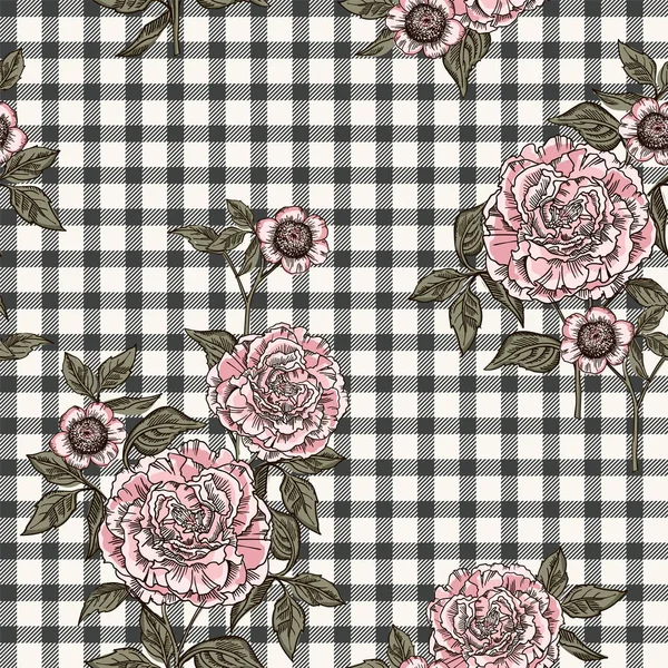 Motif floral sans couture avec fond plaid. Modèle vectoriel . — Image vectorielle