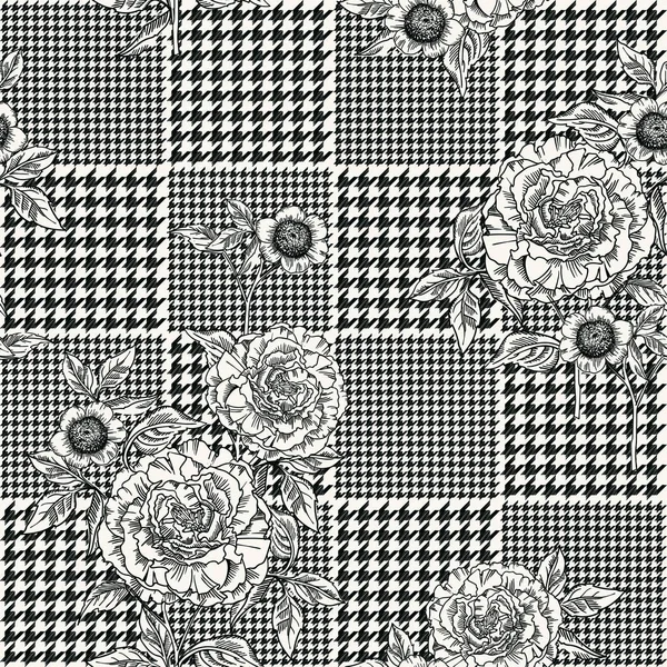 Motif floral sans couture avec fond plaid. Modèle vectoriel . — Image vectorielle