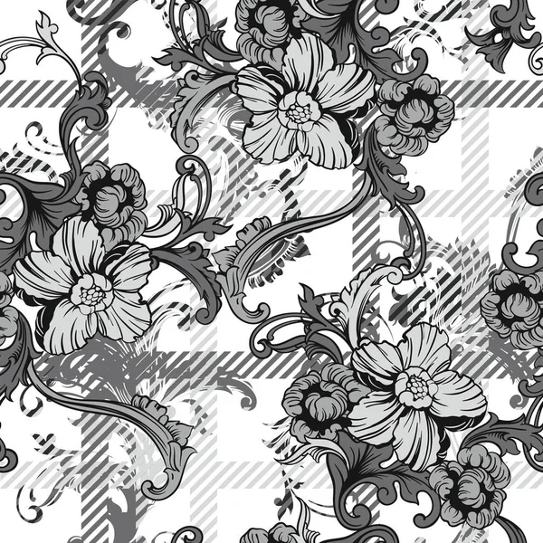 Patrón sin costuras de tela ecléctica a cuadros con ornamento barroco . — Archivo Imágenes Vectoriales