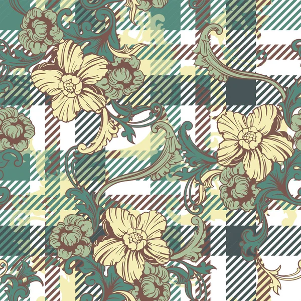 Tissu éclectique plaid motif sans couture avec ornement baroque . — Image vectorielle