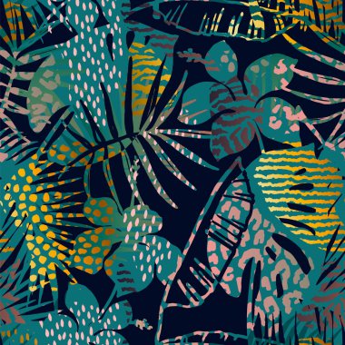 Palmiye ve hayvan baskı ile moda Dikişsiz egzotik desen.