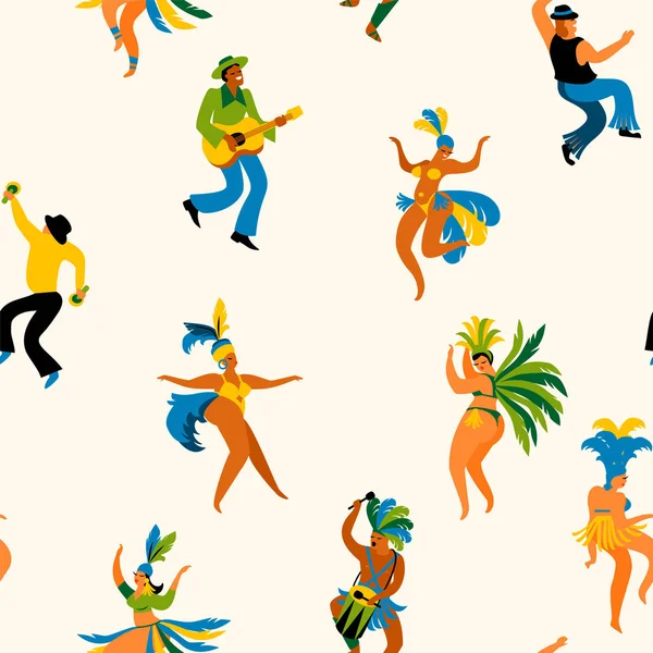 Carnaval de Brasil. Patrón sin costuras con divertidos hombres y mujeres bailando en trajes brillantes . — Vector de stock
