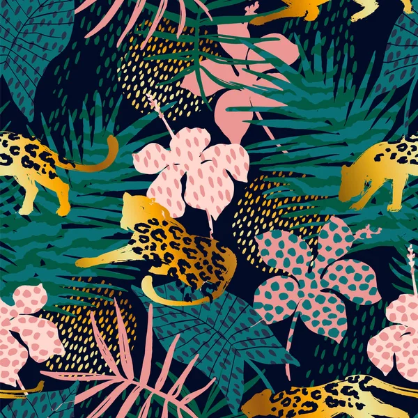 Trendy naadloze exotische patroon met palm en animal prints. — Stockvector