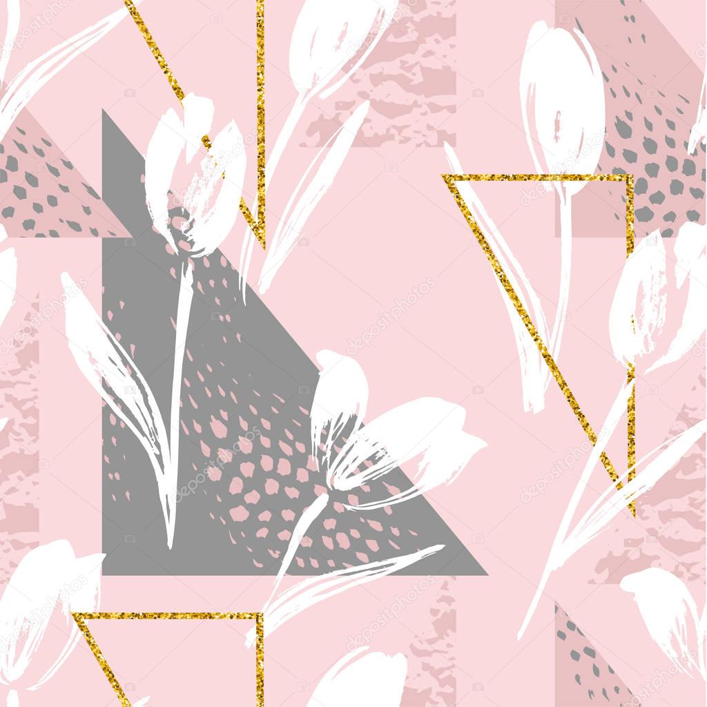 Abstract floral seamless pattern tulips .Trendy hand drawn textures