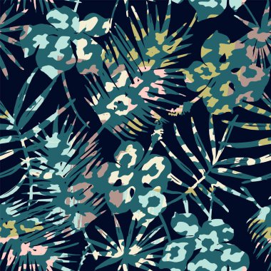 Palm ile moda Dikişsiz egzotik desen, hayvan yazdırır ve çizilmiş dokuları el.