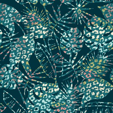 Palm ile moda Dikişsiz egzotik desen, hayvan yazdırır ve çizilmiş dokuları el.