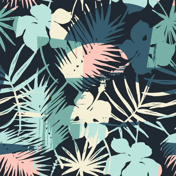 Sömlös exotiska mönster med tropiska växter och konstnärlig bakgrund — Stock vektor