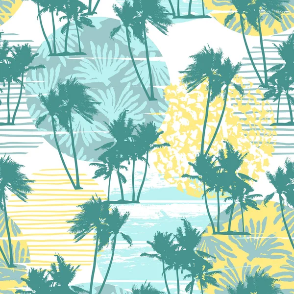 Nahtlose exotische Muster mit tropischen Palmen und geometrischem Hintergrund. — Stockvektor