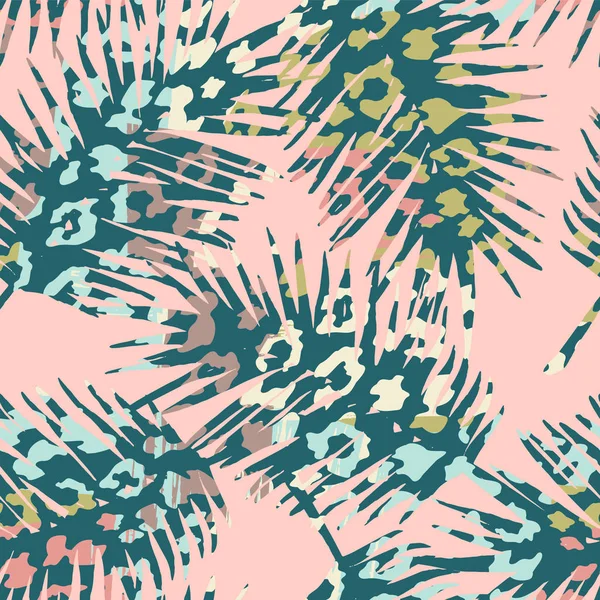 Trendy naadloze exotische patroon met palm, dier wordt afgedrukt en hand getekende texturen. — Stockvector