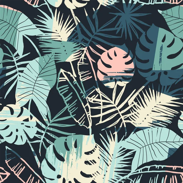 Sömlös exotiska mönster med tropiska växter och konstnärlig bakgrund — Stock vektor