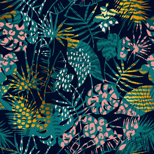 Motif exotique sans couture tendance avec palme, imprimés animaux et textures dessinées à la main . — Image vectorielle