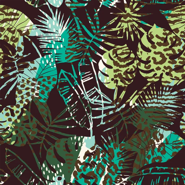 Trendiga sömlös exotiska mönster med palm, djur utskrifter och hand dras texturer. — Stock vektor