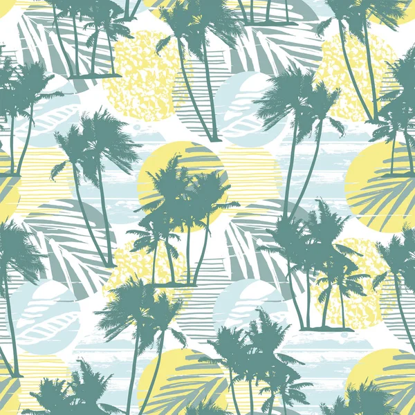 Nahtlose exotische Muster mit tropischen Palmen und geometrischem Hintergrund. — Stockvektor
