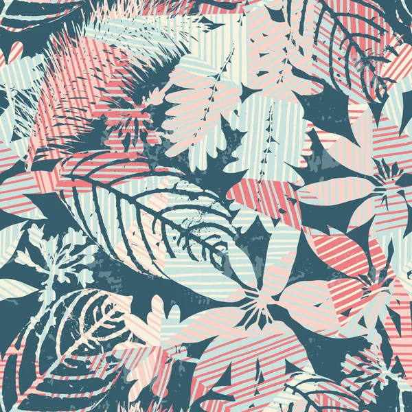 Abstrakte florale nahtlose Mustersilhouetten von Blättern und geometrischem Hintergrund. — Stockvektor