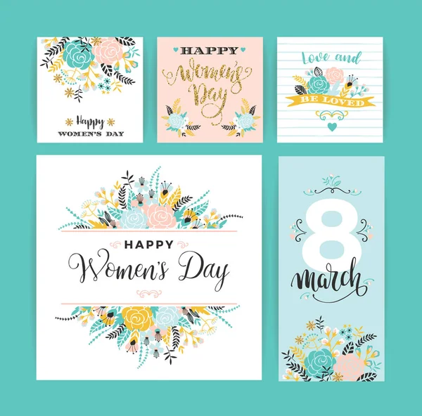 Międzynarodowy Dzień kobiet. Wektor szablony z kwiatami i napis. — Wektor stockowy