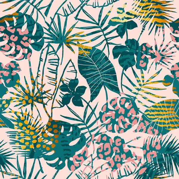 Modny wzór egzotycznych roślin tropikalnych, zwierzę drukuje i ręcznie rysowane tekstury. — Wektor stockowy