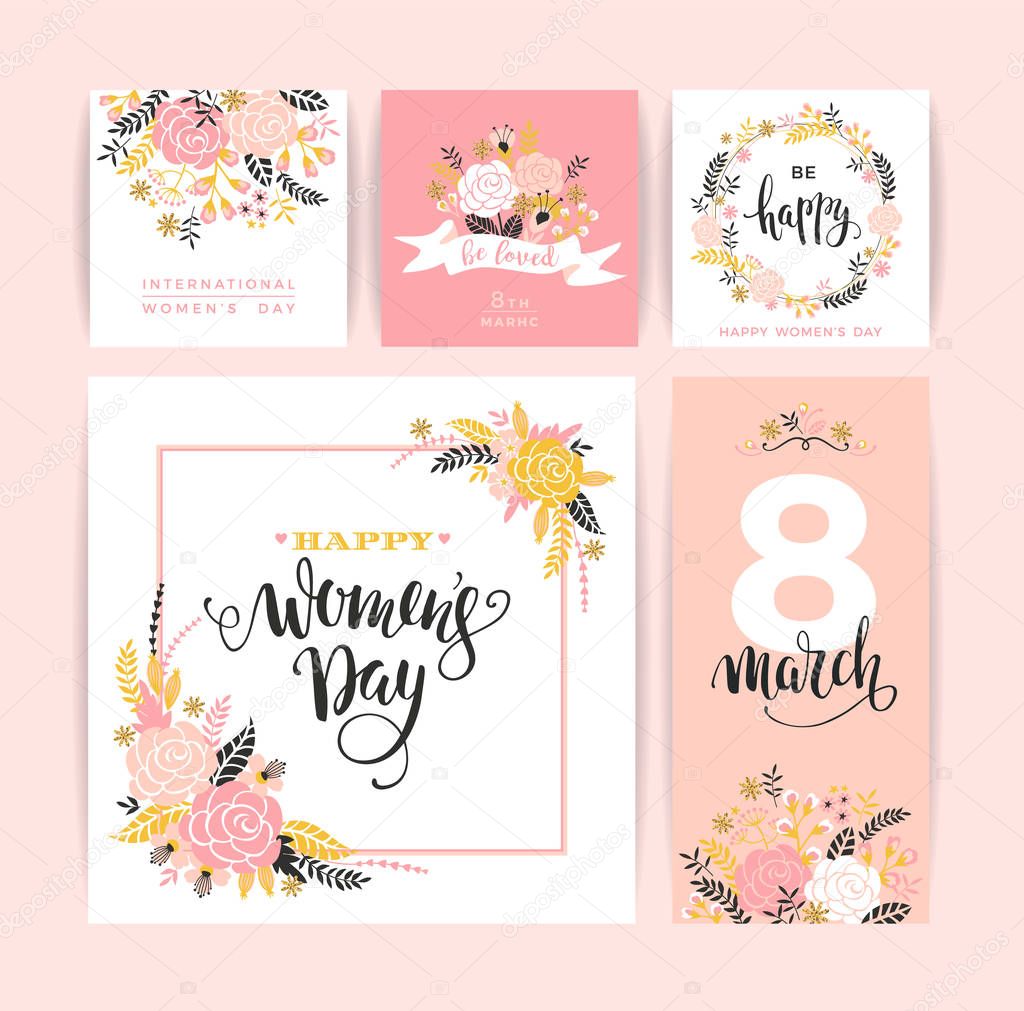 International Womens Day. Vector templates with flowers and lettering.
