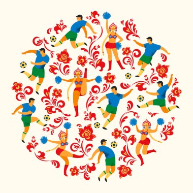 Futbol kızlar Rus tarzı oyuncular ve ponpon kızlar. Düz vektör çizim.