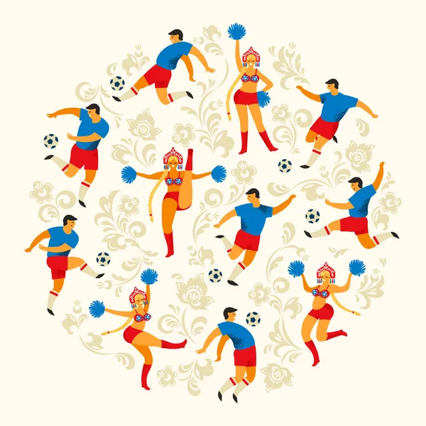 Piłka nożna dziewcząt graczy i cheerleaders w stylu rosyjskim. Ilustracja wektorowa płaskie. — Wektor stockowy