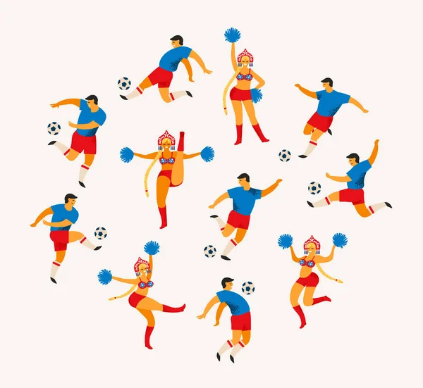 Ποδόσφαιρο παίκτες και μαζορέτες κορίτσια στο ρωσικό στυλ. Επίπεδη διανυσματικά εικονογράφηση. — Διανυσματικό Αρχείο