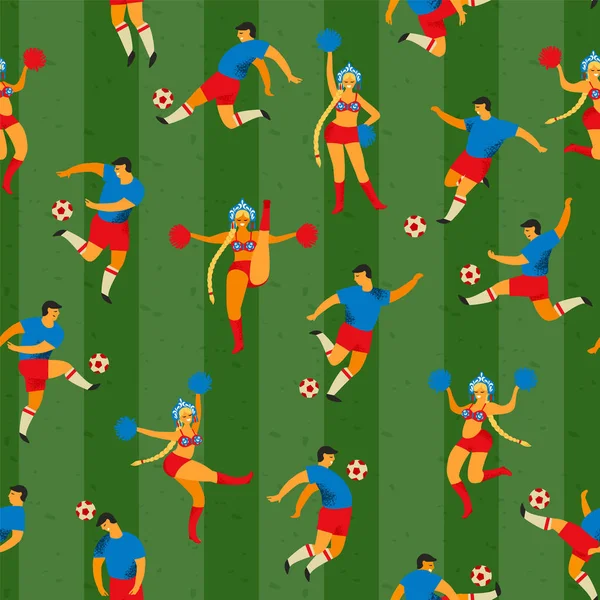 Jugadoras de fútbol y animadoras de estilo ruso. Patrón sin costura vectorial . — Archivo Imágenes Vectoriales