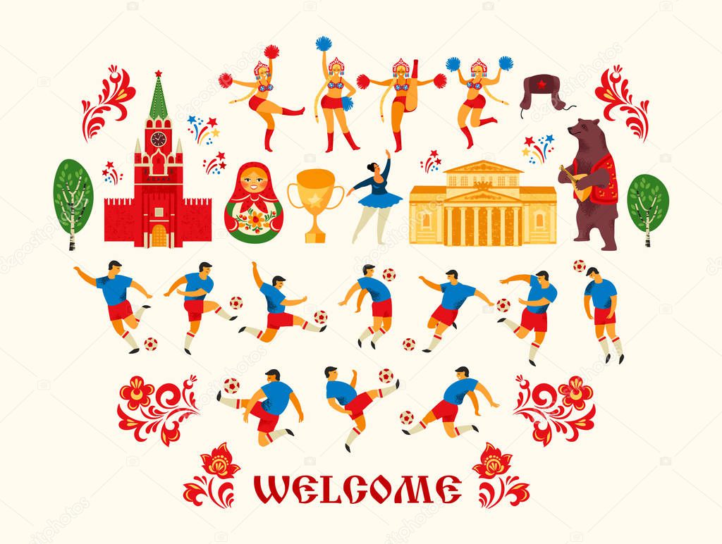 Big football set in Russian style. Soccer players, cheerleaders girls and Russian symbols