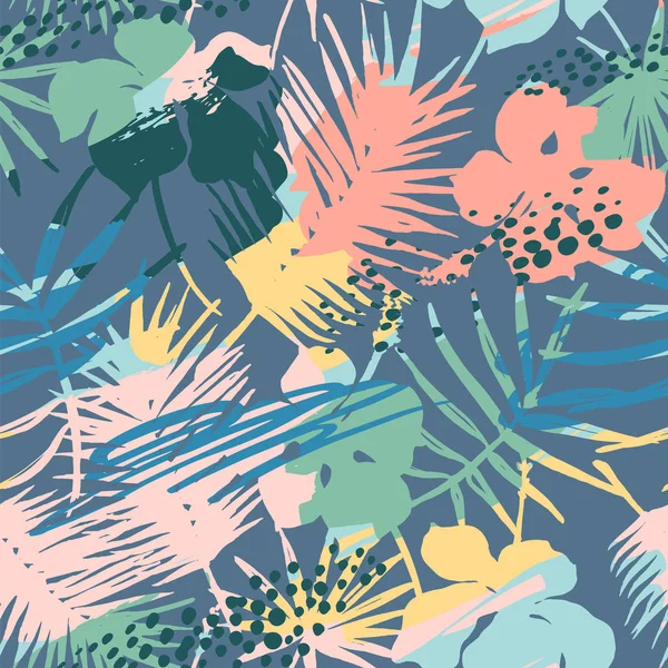 Naadloze exotische patroon met tropische planten en artistieke achtergrond — Stockvector