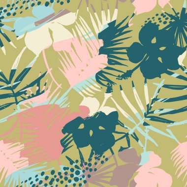 Tropik bitkiler ve sanatsal arka plan ile Seamless egzotik modeli