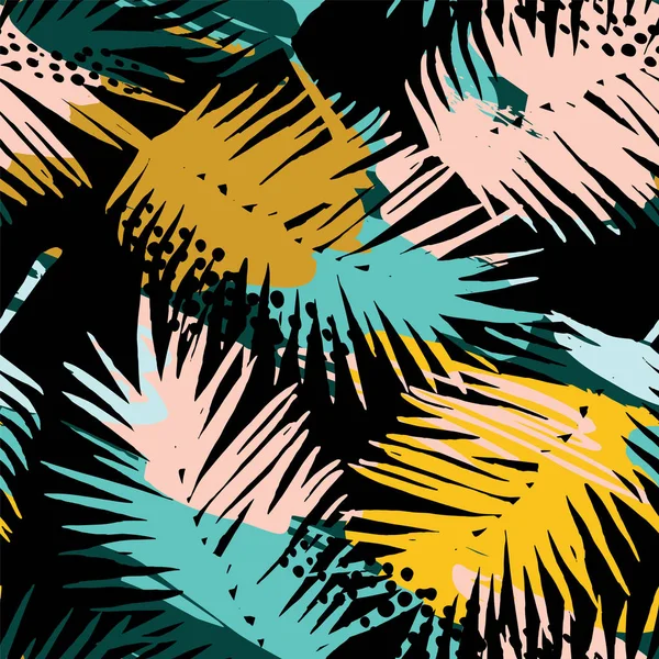 熱帯植物の芸術の背景とのシームレスなエキゾチックなパターン — ストックベクタ