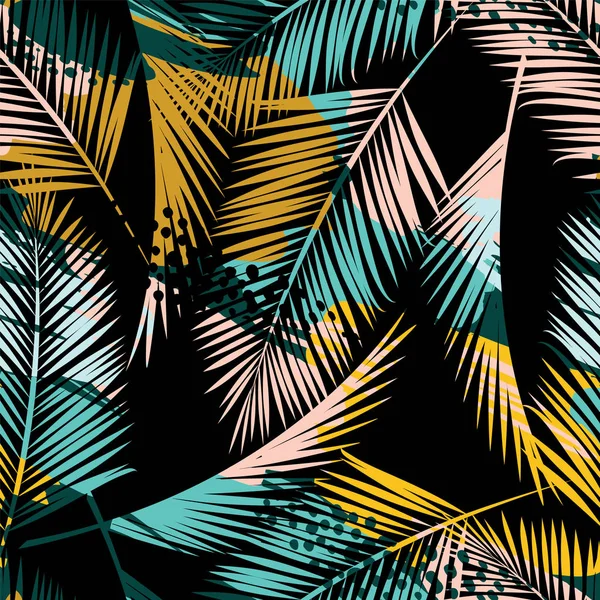 Seamless exotic pattern with tropical plants and artistic background. — Stock Vector