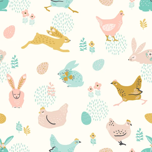 Vector seamless pattern with bunnies and chicken for Easter and other users. — Stock Vector